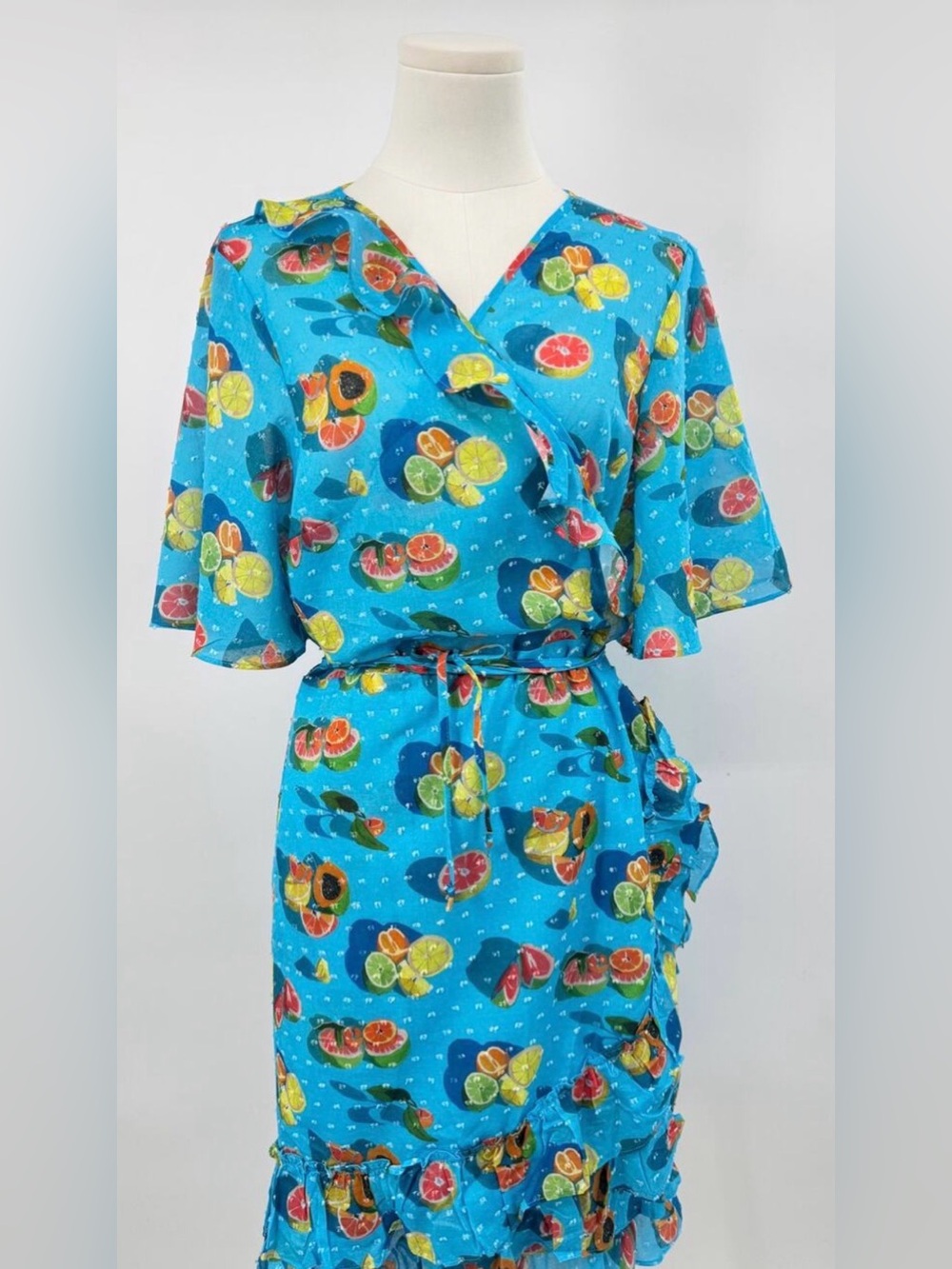 Rachel Antonoff Abby Ruffle Wrap Dress Turquoise Blue Fruit Print Eyelet XL